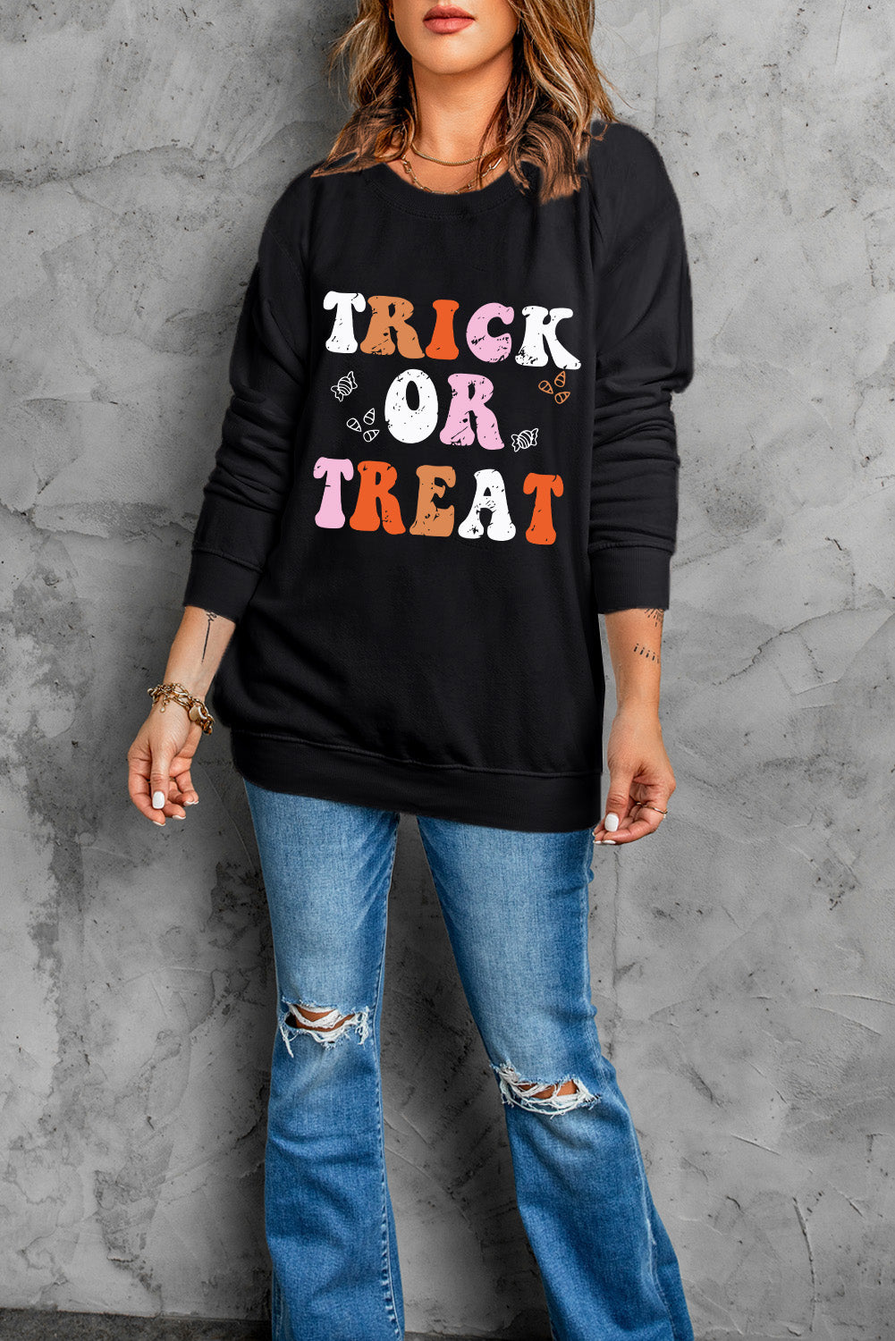 Trick or Treat Graphic Round Neck Long Sleeve Sweatshirt