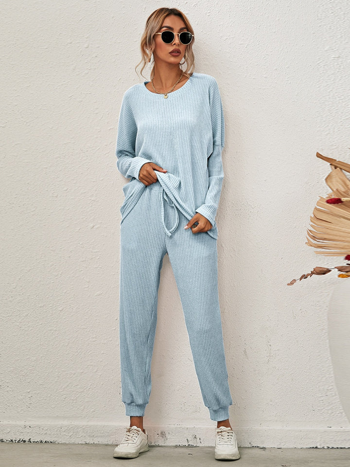 Round Neck Dropped Shoulder Top and Joggers Lounge Set