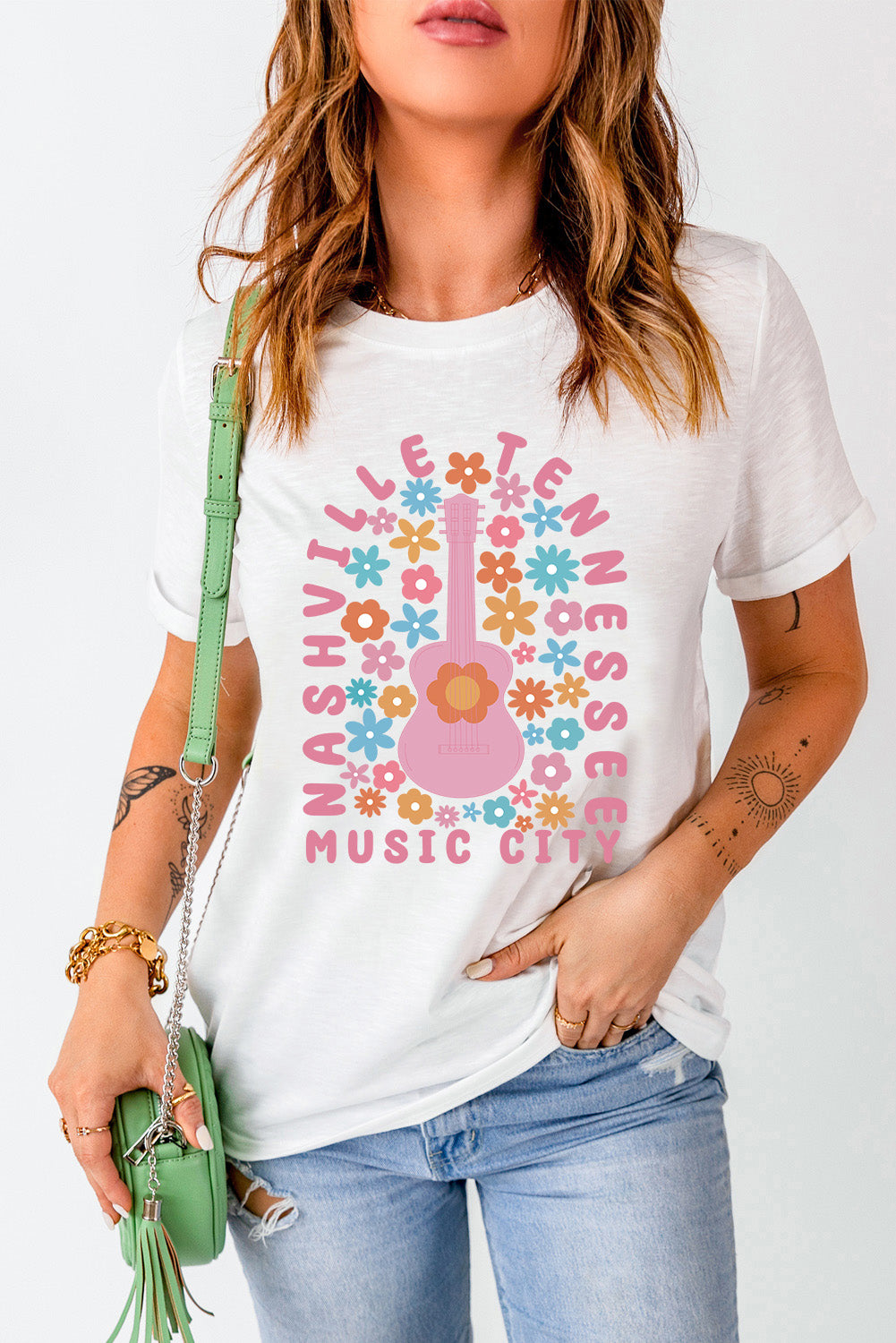 Nashville Music City Retro Flower Graphic Round Neck Short Sleeve T-Shirt