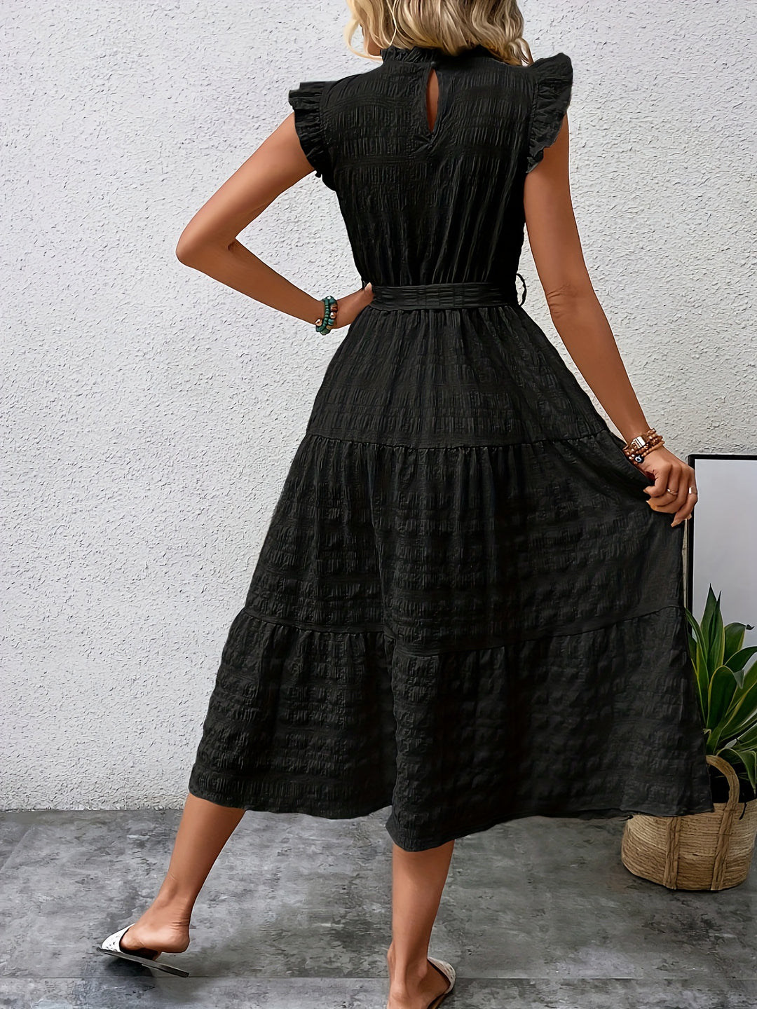 Tied Ruffled Cap Sleeve Midi Dress