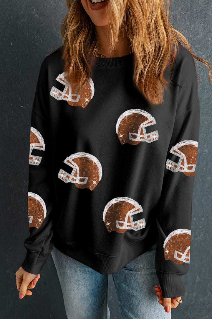 Sequin Football Helmet Round Neck Long Sleeve Sweatshirt