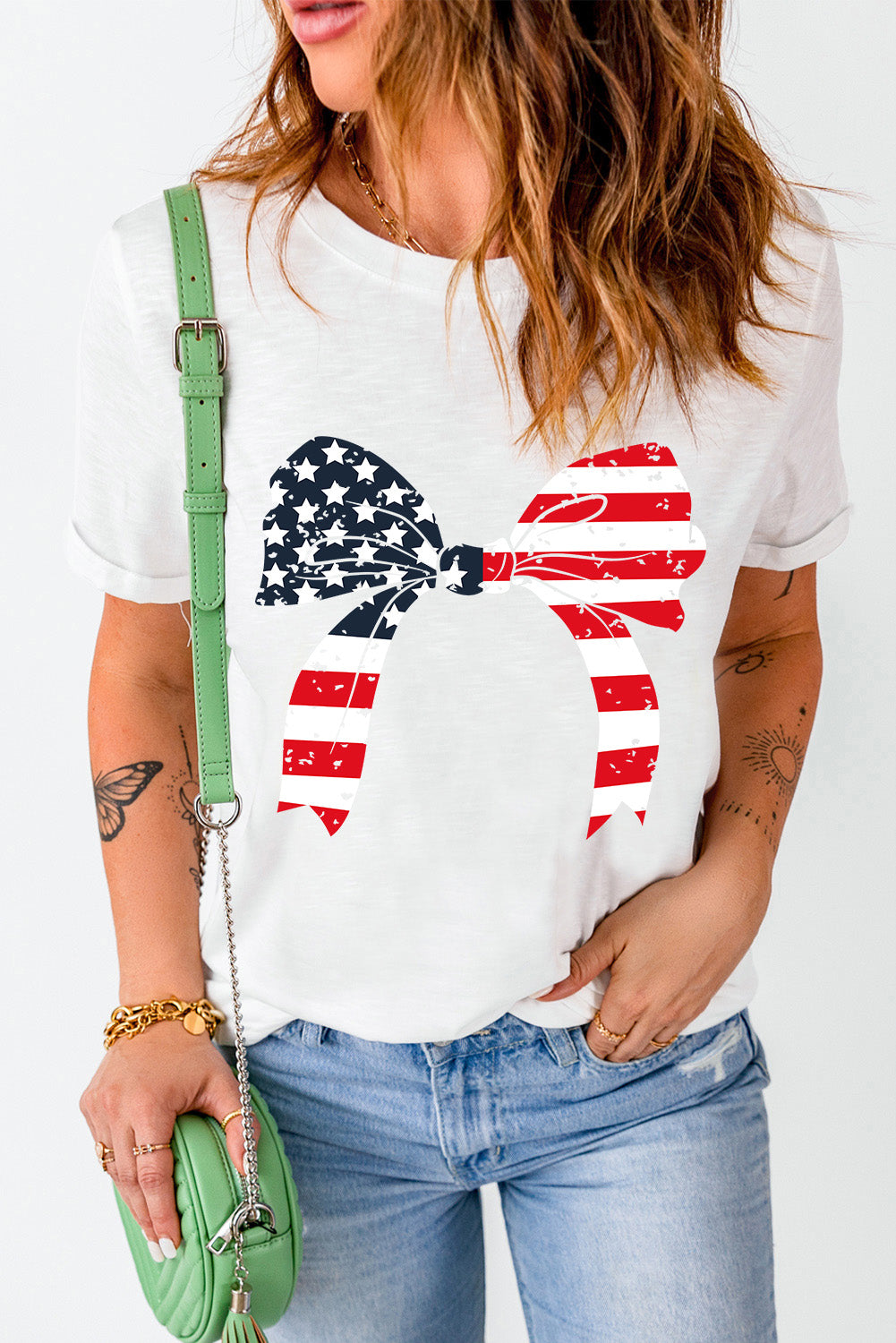 American Flag Bow Round Neck Short Sleeve T-Shirt