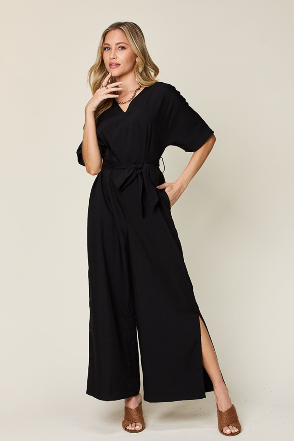 Double Take Full Size V-Neck Tie Front Short Sleeve Slit Jumpsuit