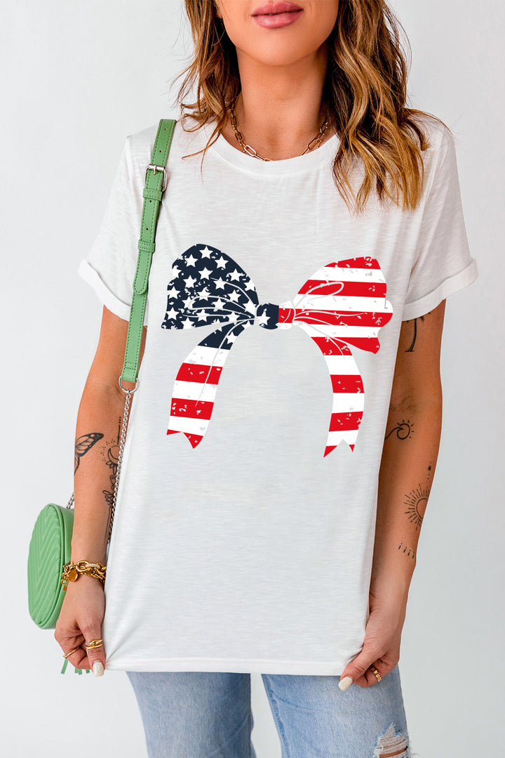 American Flag Bow Round Neck Short Sleeve T-Shirt