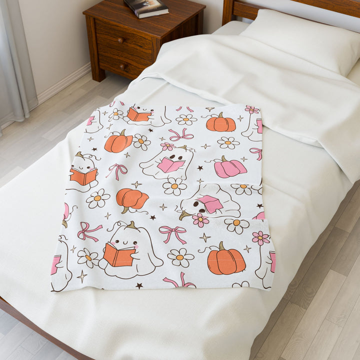 Spooky Cute Bookish Ghost Blanket – Pastel Halloween Fall Throw for Readers