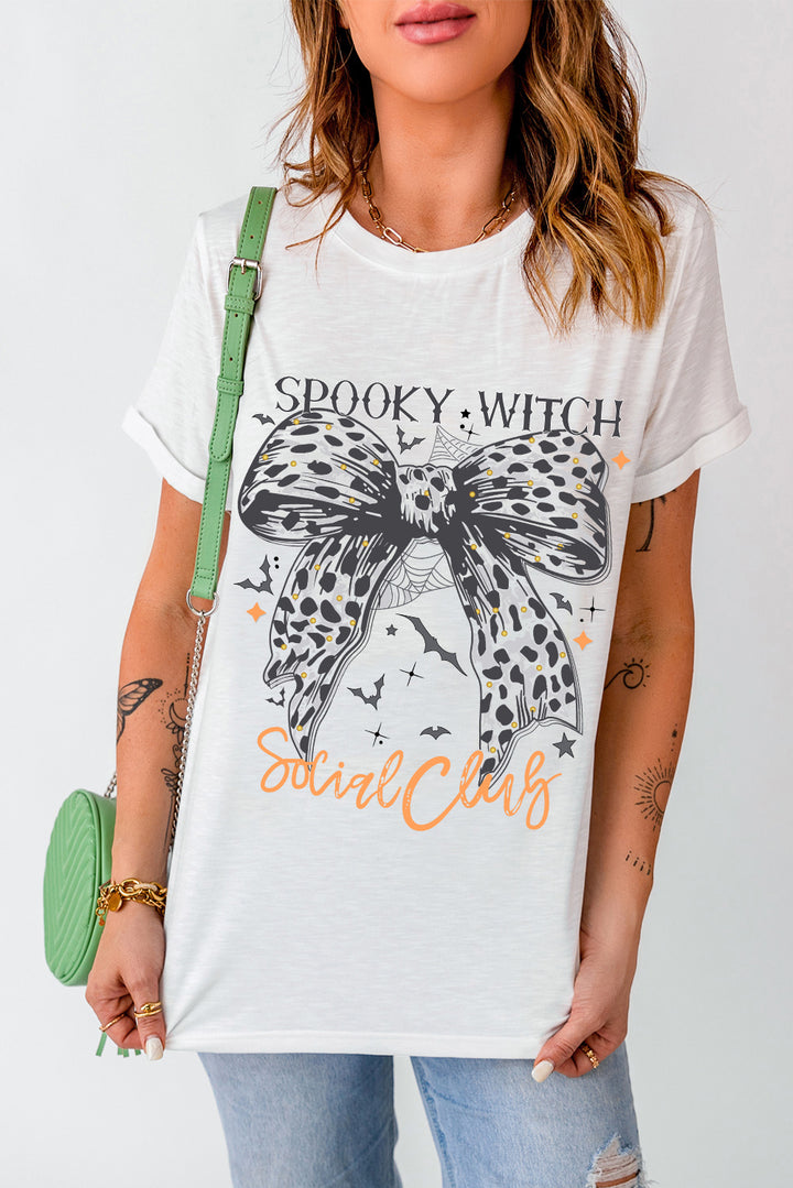 Spooky Witch Social Club Bow Graphic Round Neck Short Sleeve T-Shirt