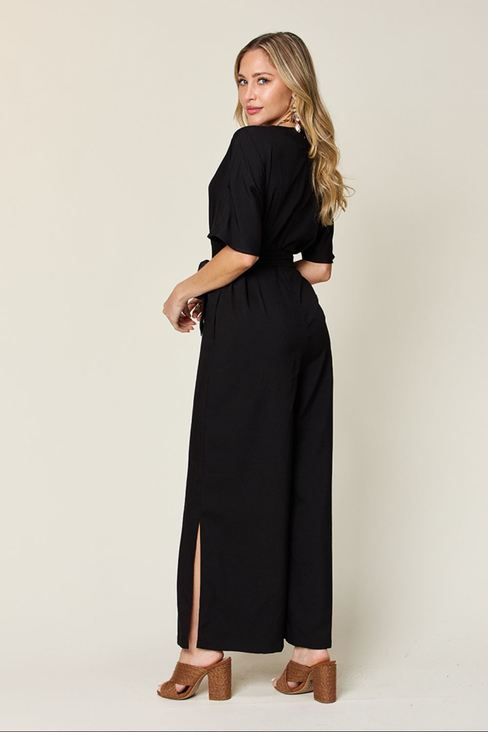 Double Take Full Size V-Neck Tie Front Short Sleeve Slit Jumpsuit