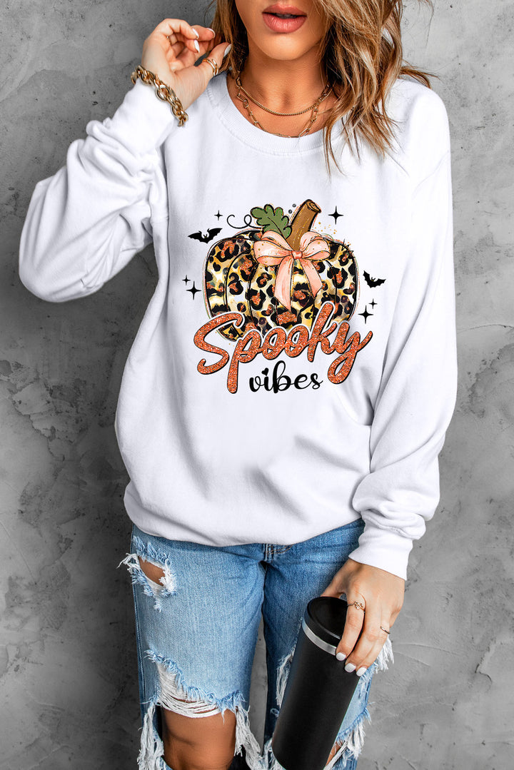 Leopard Pumpkin Spooky Vibes Graphic Round Neck Long Sleeve Sweatshirt