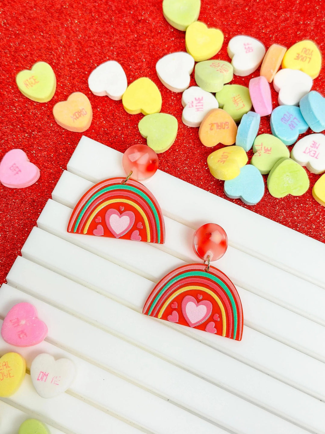 Womens - PREORDER: Acrylic Rainbow Heart Dangle Earrings