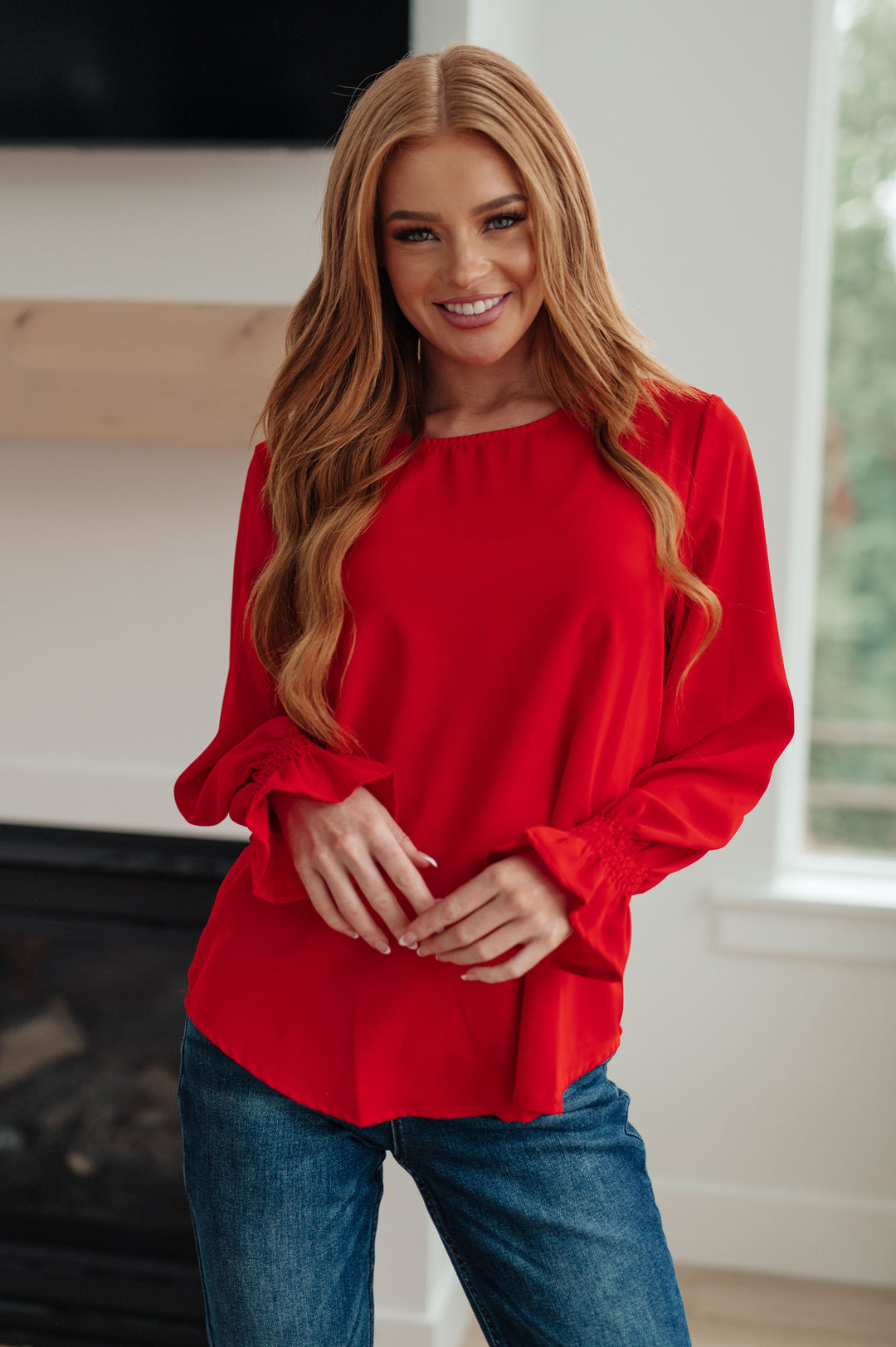 Womens - Peaceful Moments Smocked Sleeve Blouse In Red