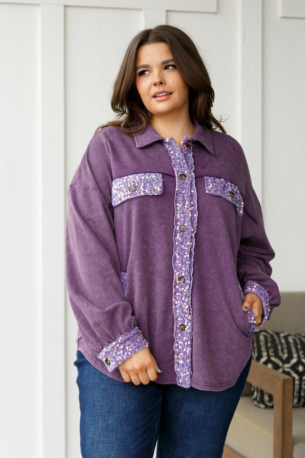 Womens - Chaos Of Sequins Shacket In Purple