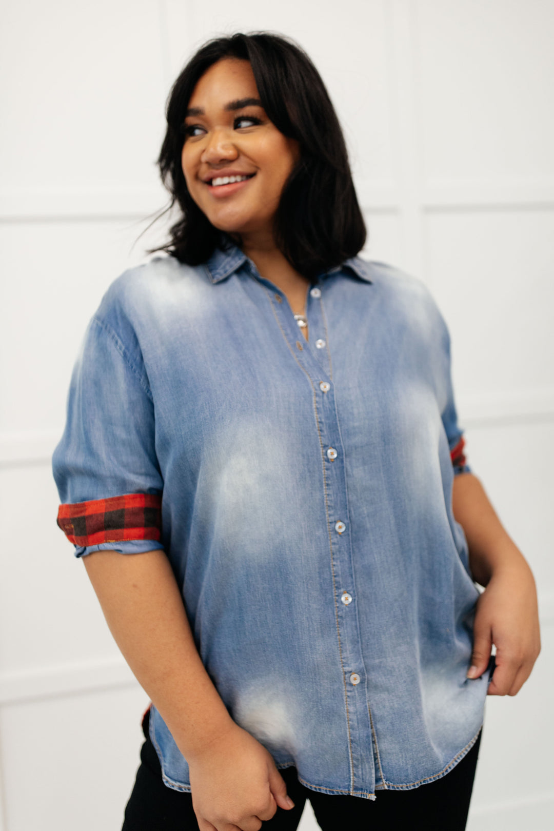 Womens - Checkered Denim Patch Shirt