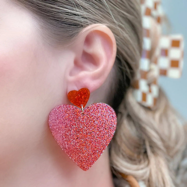 Womens - PREORDER: Glittery Double Heart Dangle Earrings