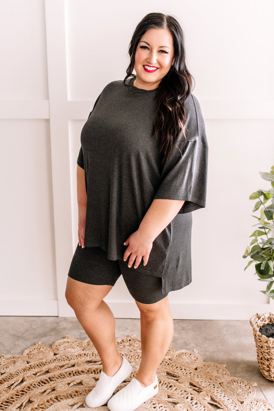 Oversized Top & Bike Shorts Set In Charcoal