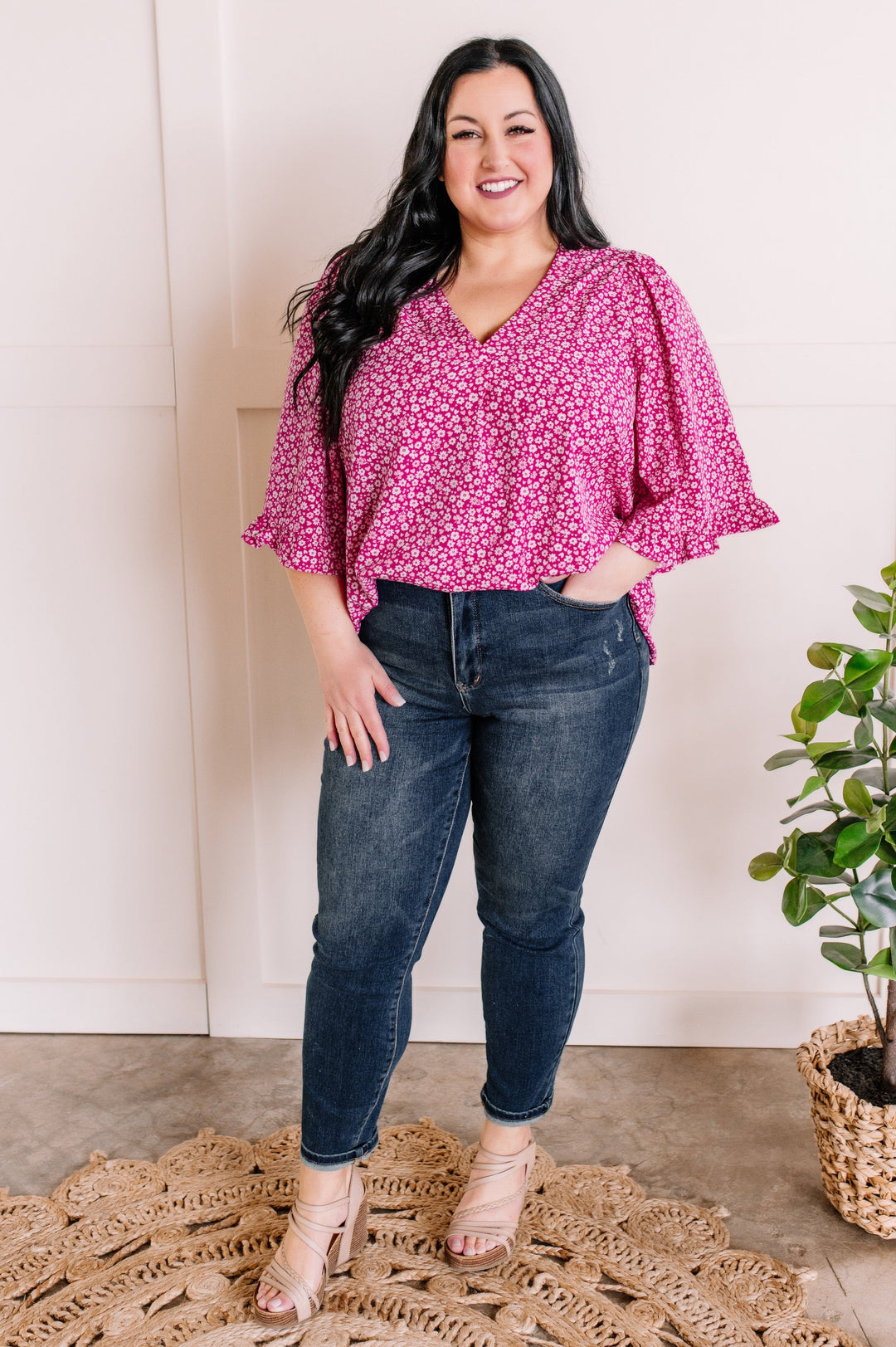 Magenta Floral & Subtle Pink Hearts Blouse