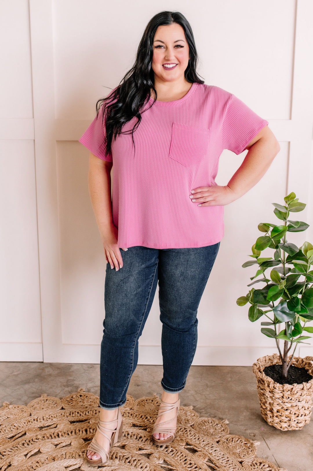 Ribbed Knit Pocket Top In Sweet Pink