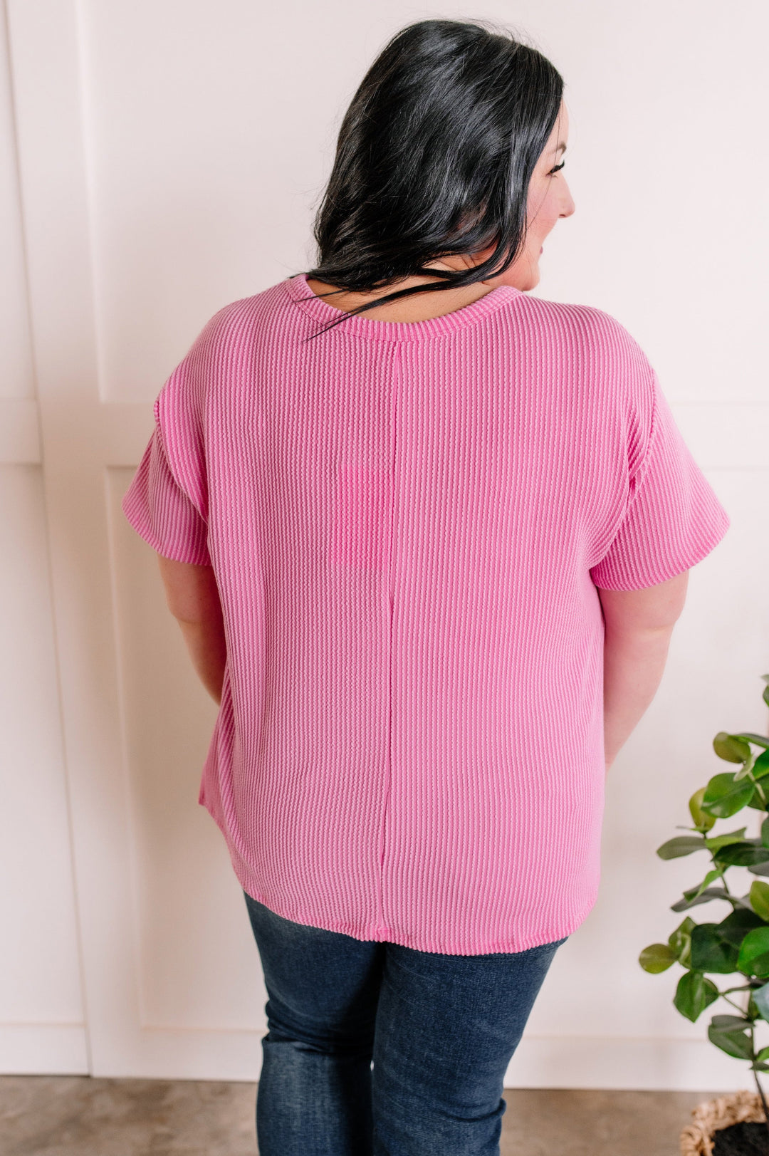 Ribbed Knit Pocket Top In Sweet Pink