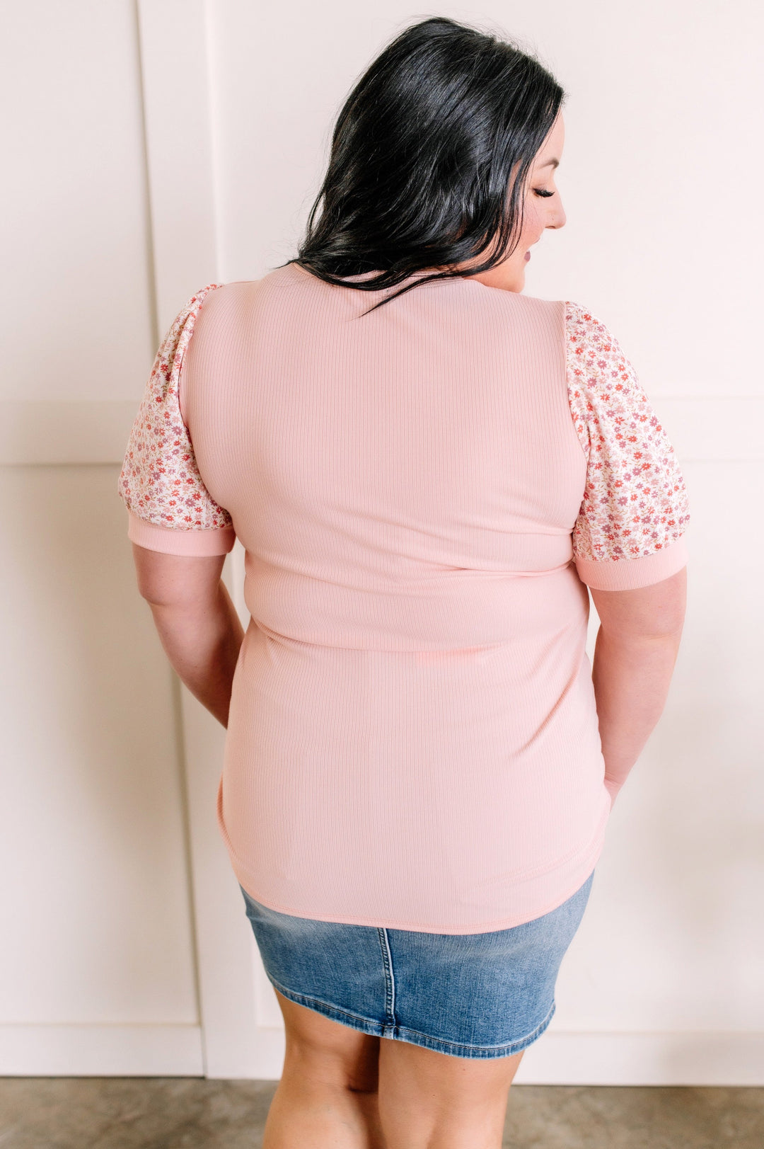 Floral Sleeve Top In Peachy Rose Knit