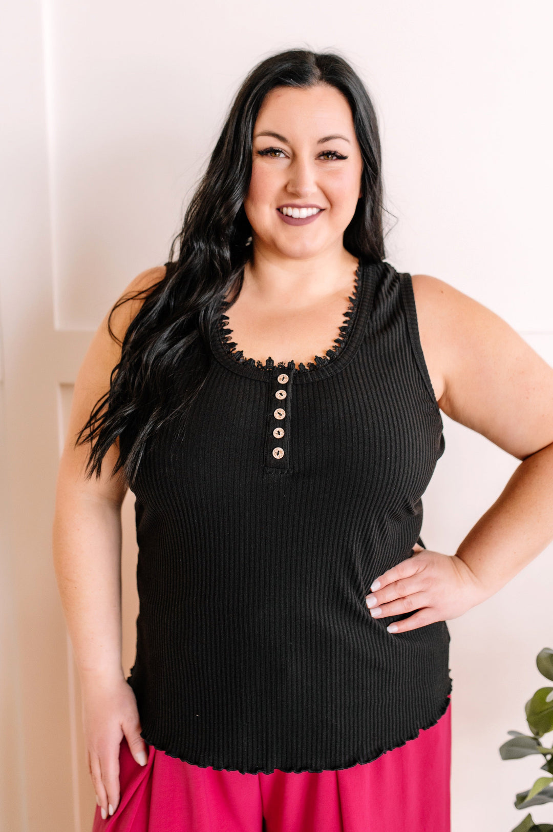 Sleeveless Button Top With Crochet Detail In Black