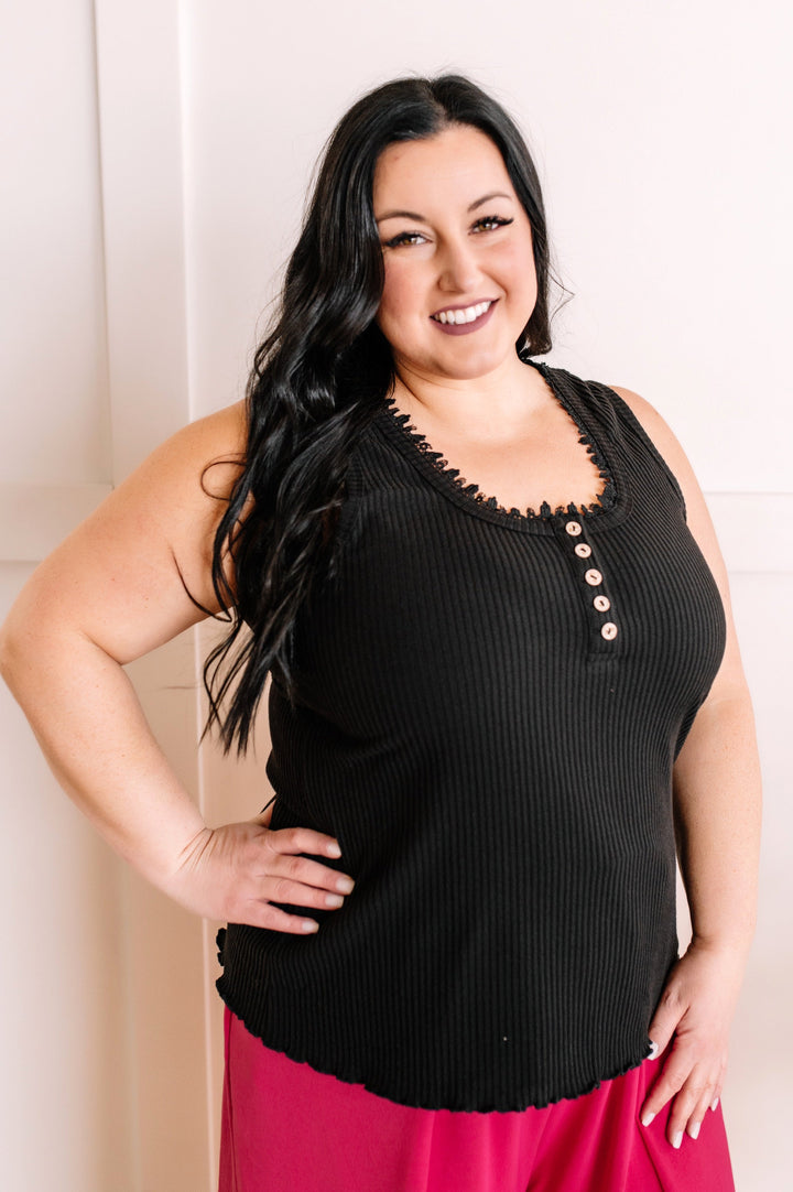 Sleeveless Button Top With Crochet Detail In Black