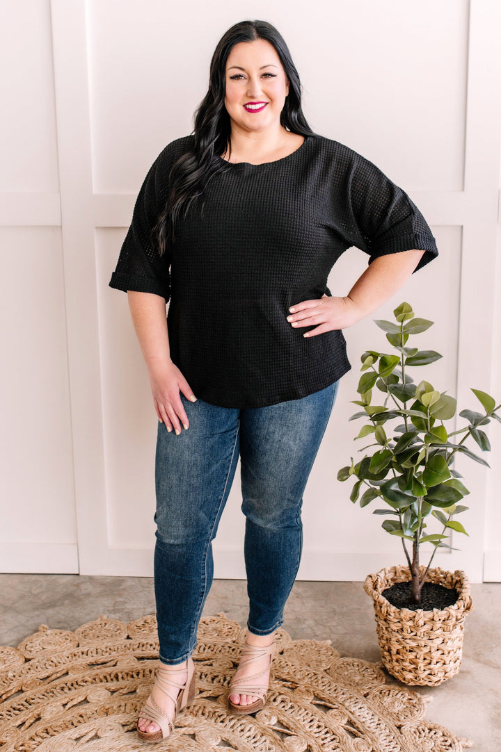 Waffle Knit Top In Textured Black With Pinned Sleeves