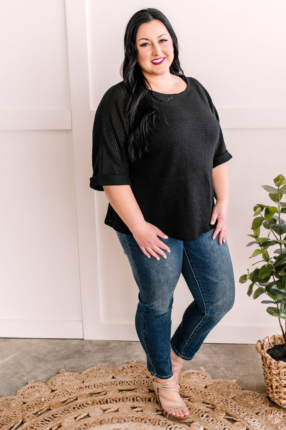 Waffle Knit Top In Textured Black With Pinned Sleeves