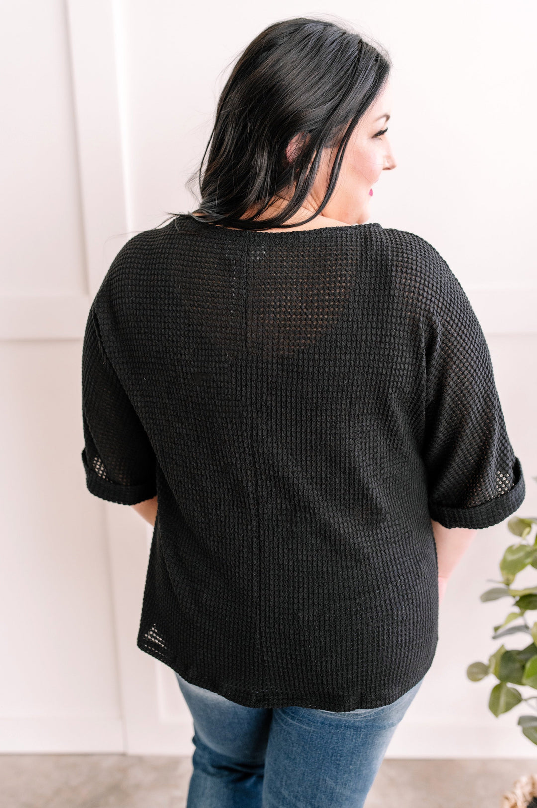 Waffle Knit Top In Textured Black With Pinned Sleeves