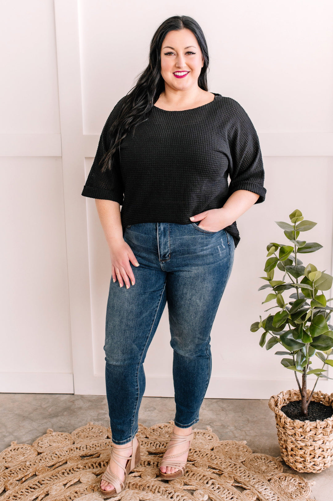 Waffle Knit Top In Textured Black With Pinned Sleeves