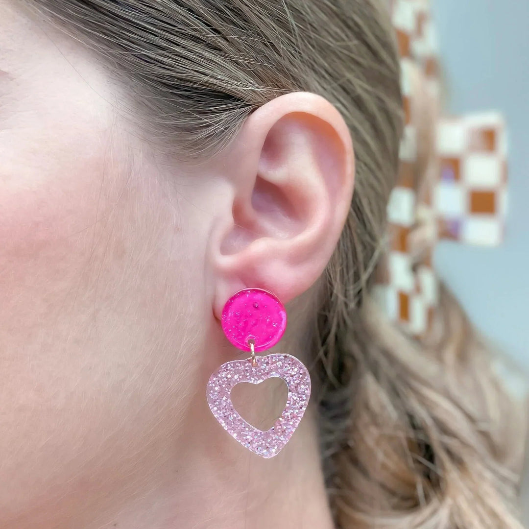 Womens - PREORDER: Glitter Acrylic Open Heart Dangle Earrings
