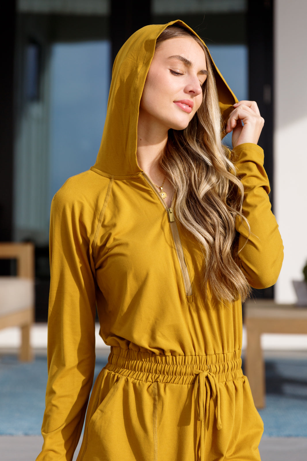 Athleisure - Getting Out Long Sleeve Hoodie Romper Gold Spice