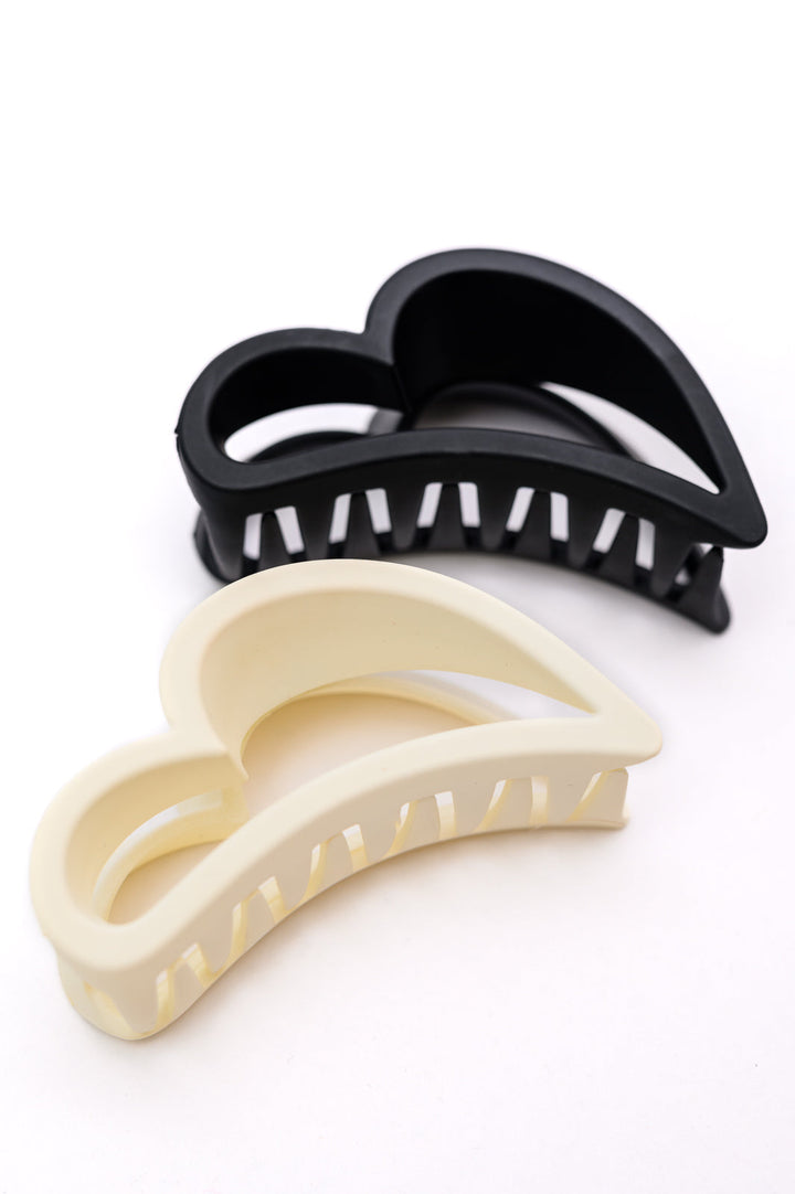 Womens - Heart Claw Clip Set In Black And Cream