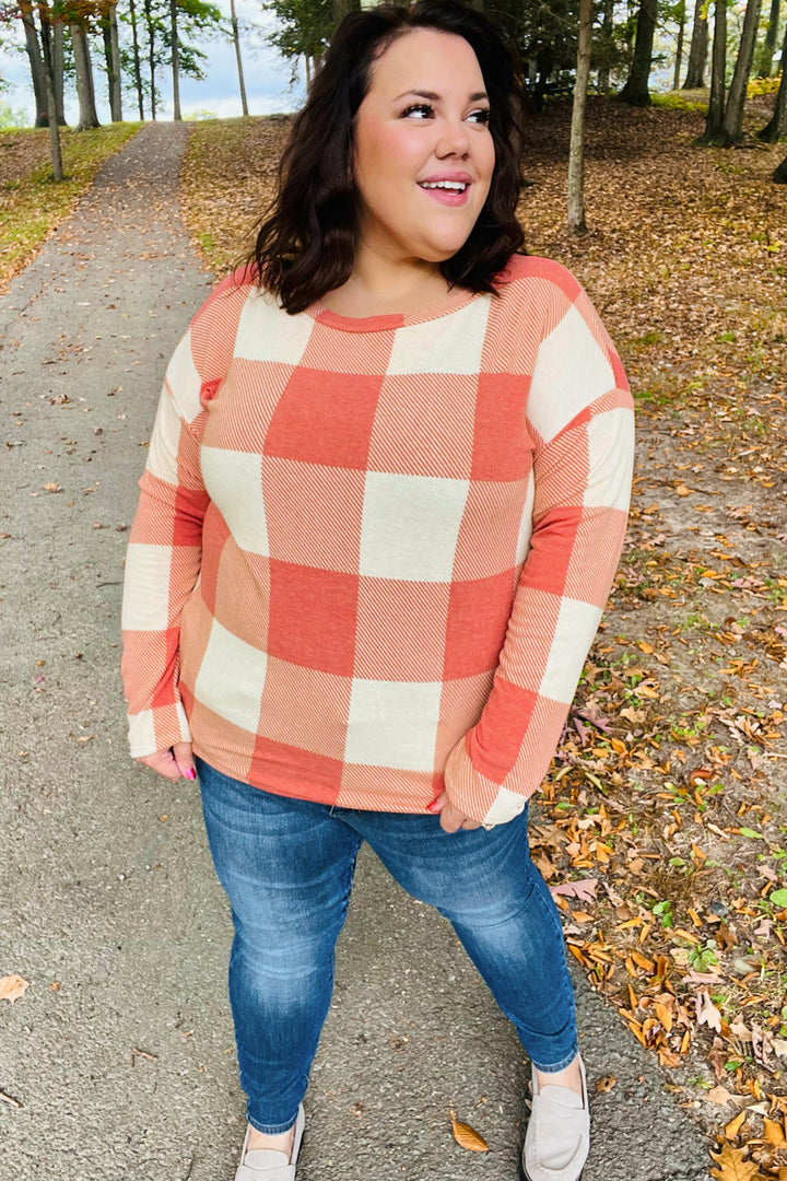 Give You Joy Rust Checker Plaid French Terry Top