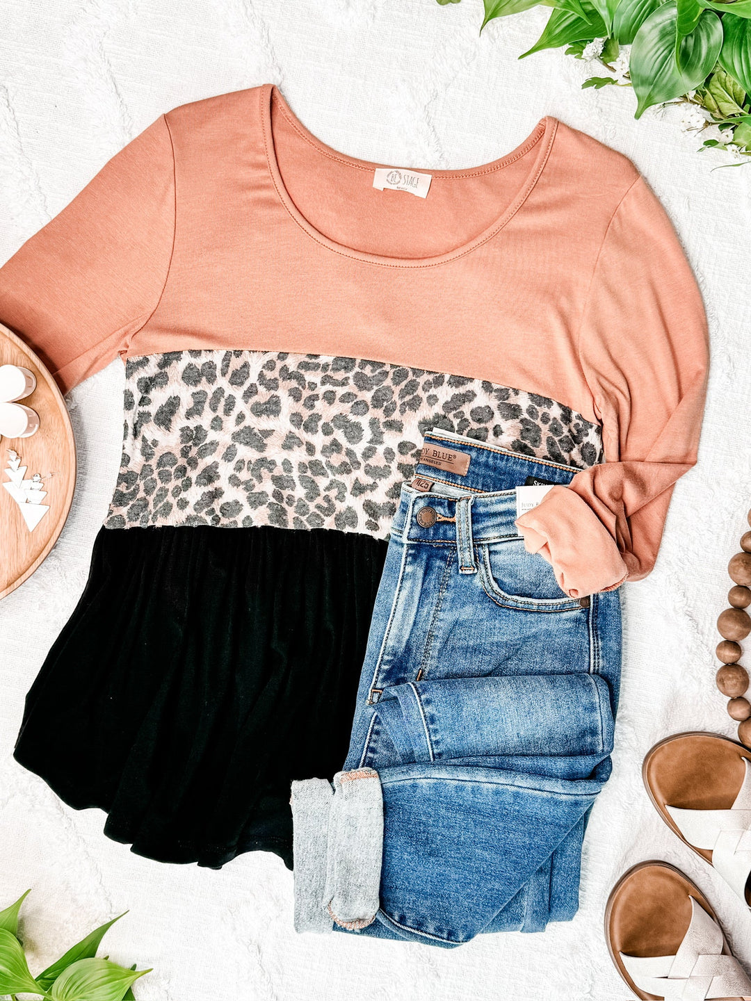 Color Block Tiered Babydoll Top In Leopard Blush