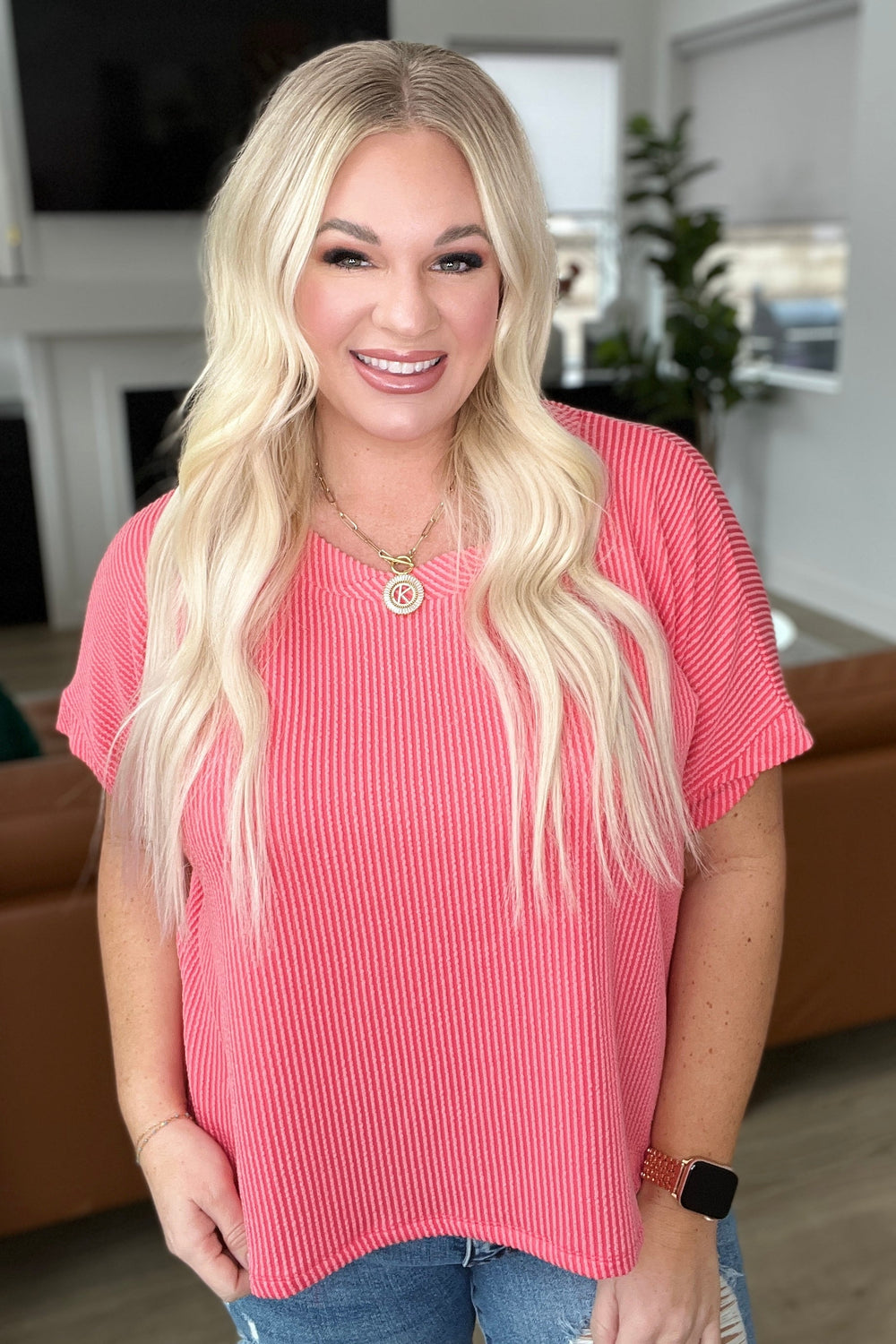 Tops - Textured Line Twisted Short Sleeve Top In Coral