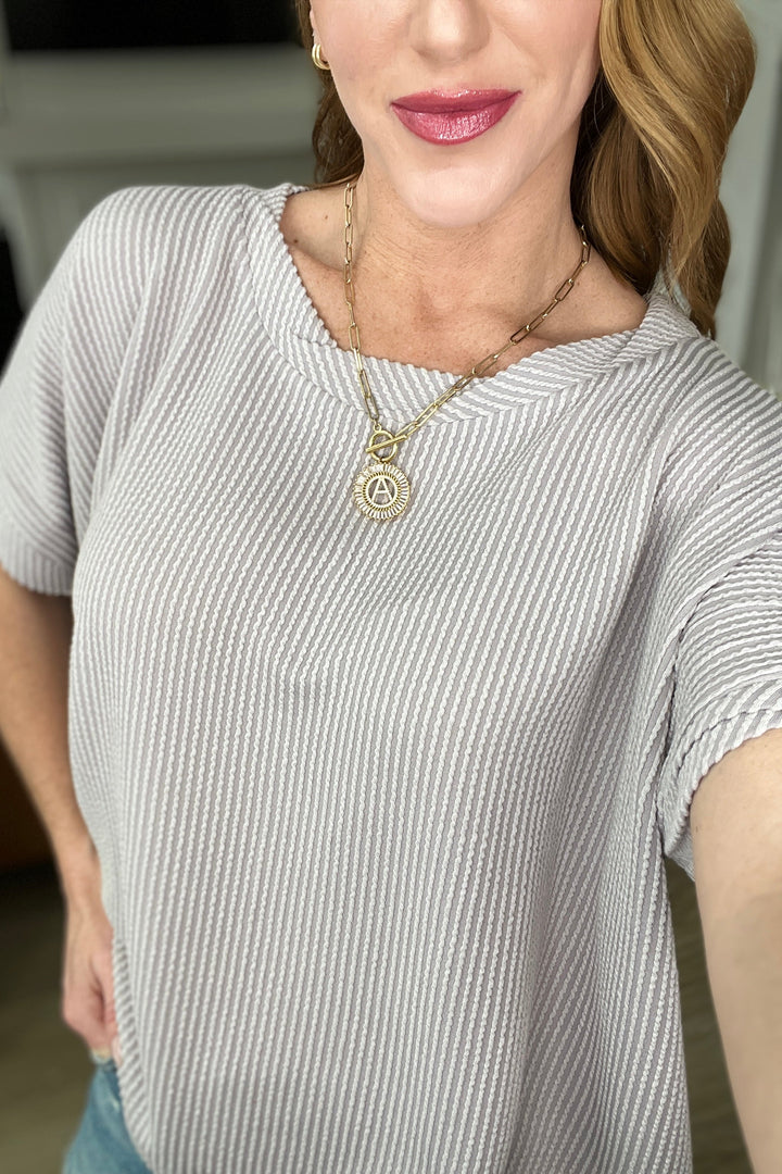 Tops - Textured Line Twisted Short Sleeve Top In Light Grey