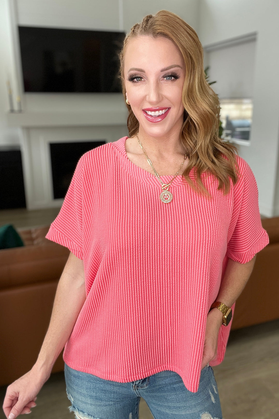 Tops - Textured Line Twisted Short Sleeve Top In Coral