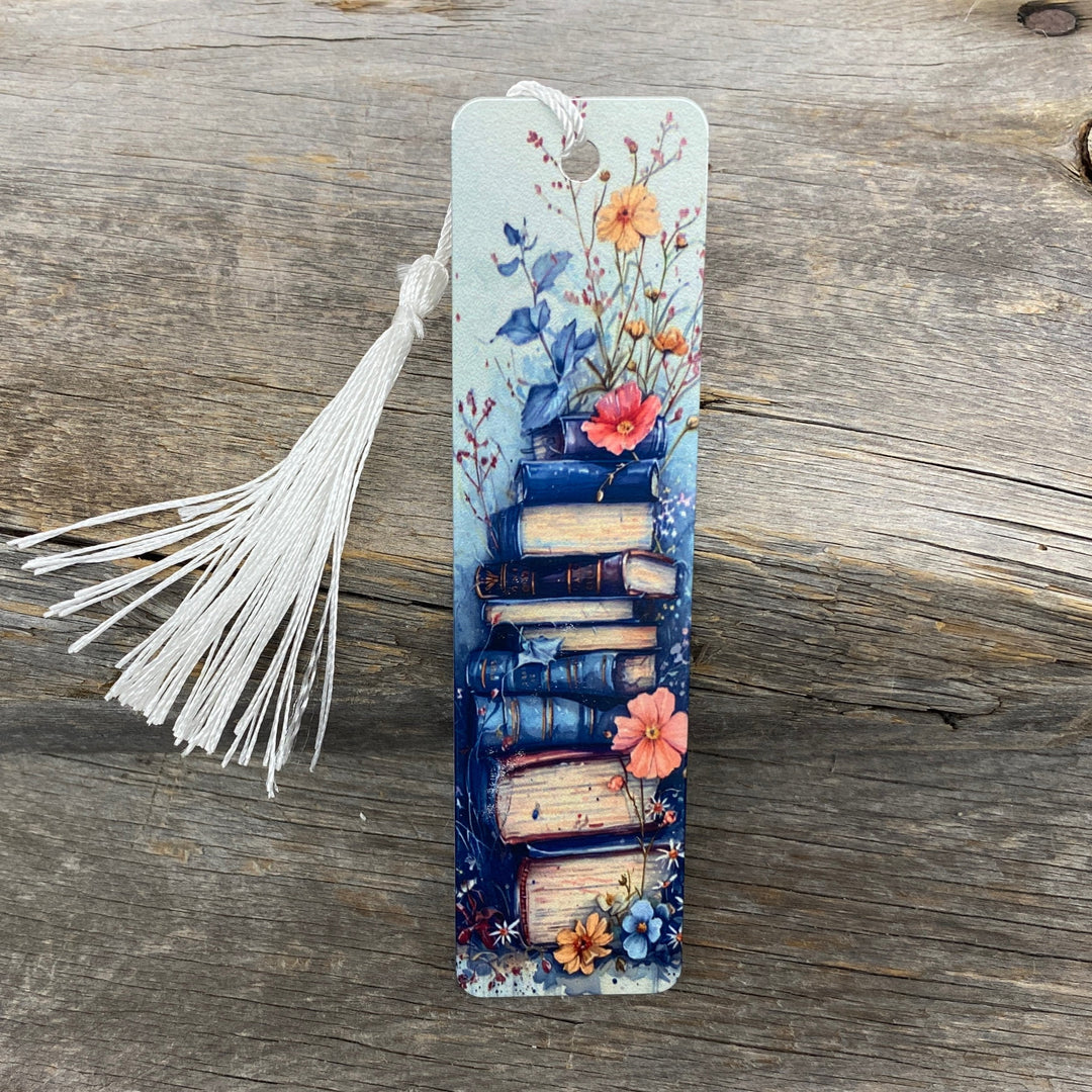 Dark Blue Floral Book Stack Bookmark