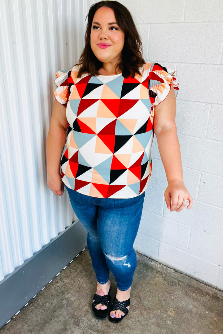 Ivory & Burnt Orange Geo Print Smocked Ruffle Frill Sleeve Top