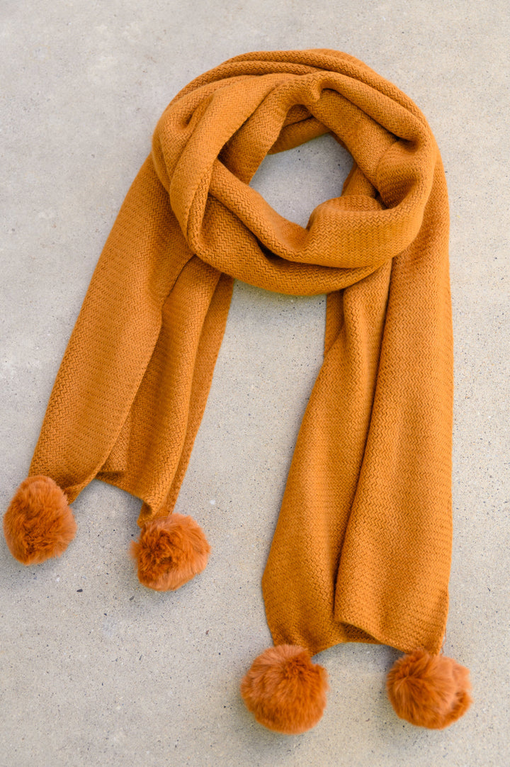 Womens - Knitted Fuzzy Pom Pom Scarf In Ginger