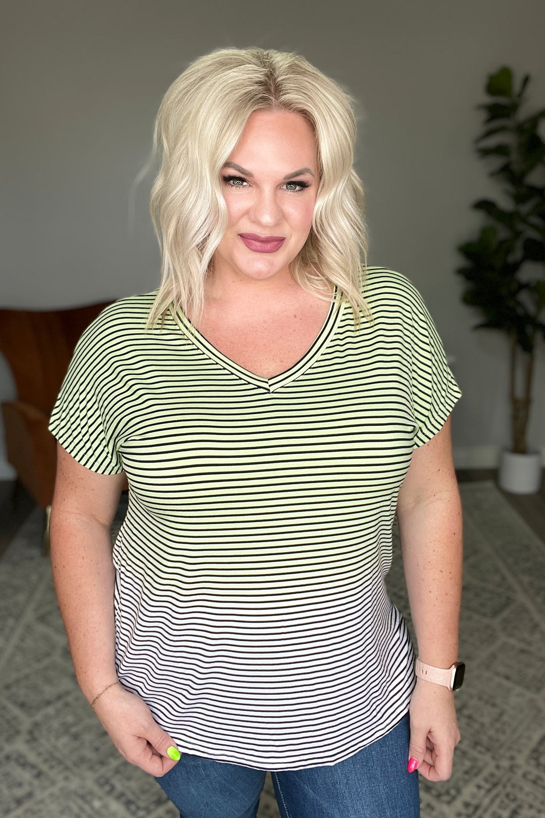 Womens - Ombre Stripe V-Neck T In Lime