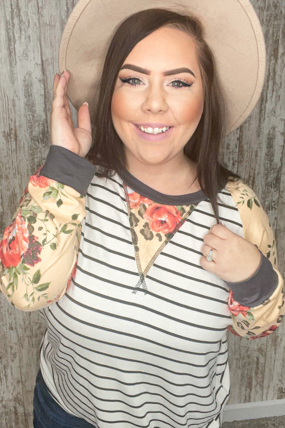 Stripe And Peach Leopard Floral Color Block Top