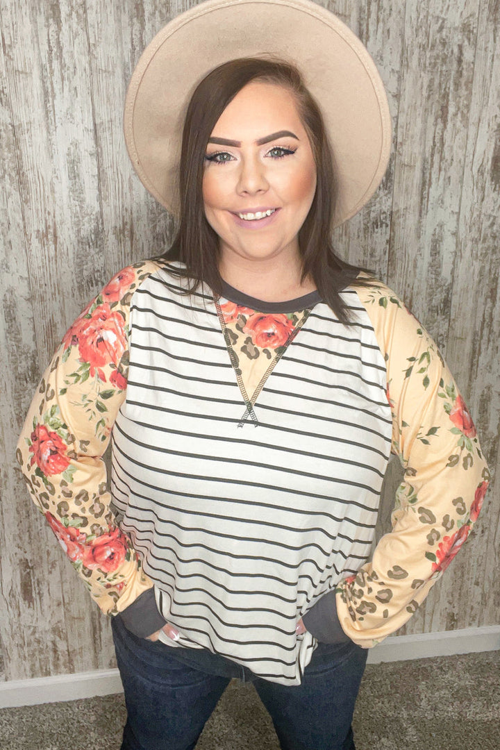Stripe And Peach Leopard Floral Color Block Top
