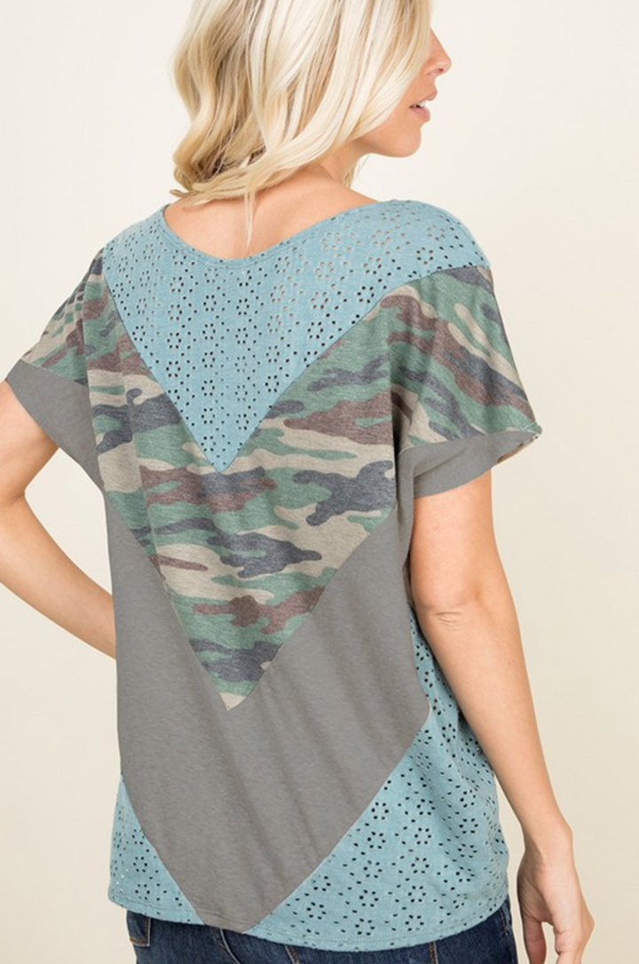 One of a Kind Eyelet Color Block Tee