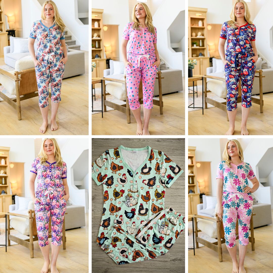 Womens - PREORDER: Short Sleeve Pajama Capri Set In Six Prints