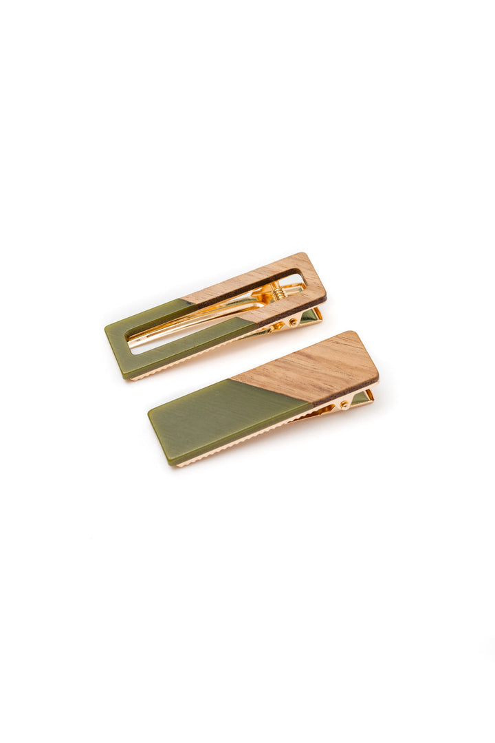Womens - Two Tone Hair Clip Set In Green