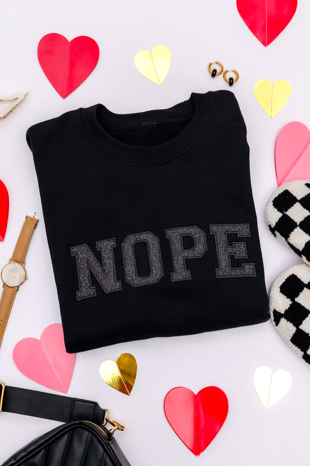 Womens - PREORDER: Embroidered Nope Glitter Sweatshirt In Four Colors