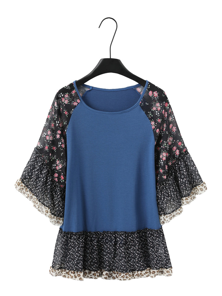 Full Size Frill Printed Round Neck Half Sleeve Blouse