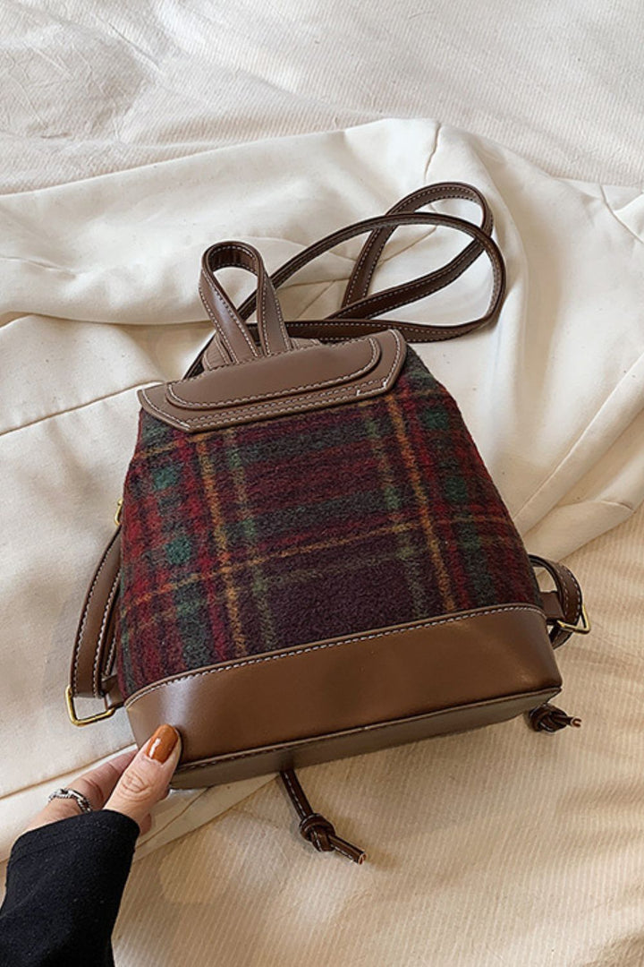 PU Leather Drawstring Plaid Backpack Bag