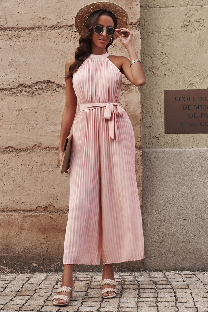 Accordion Pleated Belted Grecian Neck Sleeveless Jumpsuit-Ever Joy