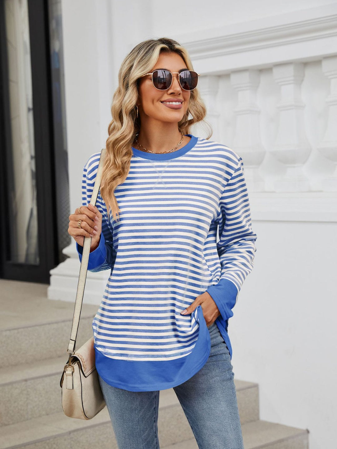 Striped Round Neck Long Sleeve Sweatshirt